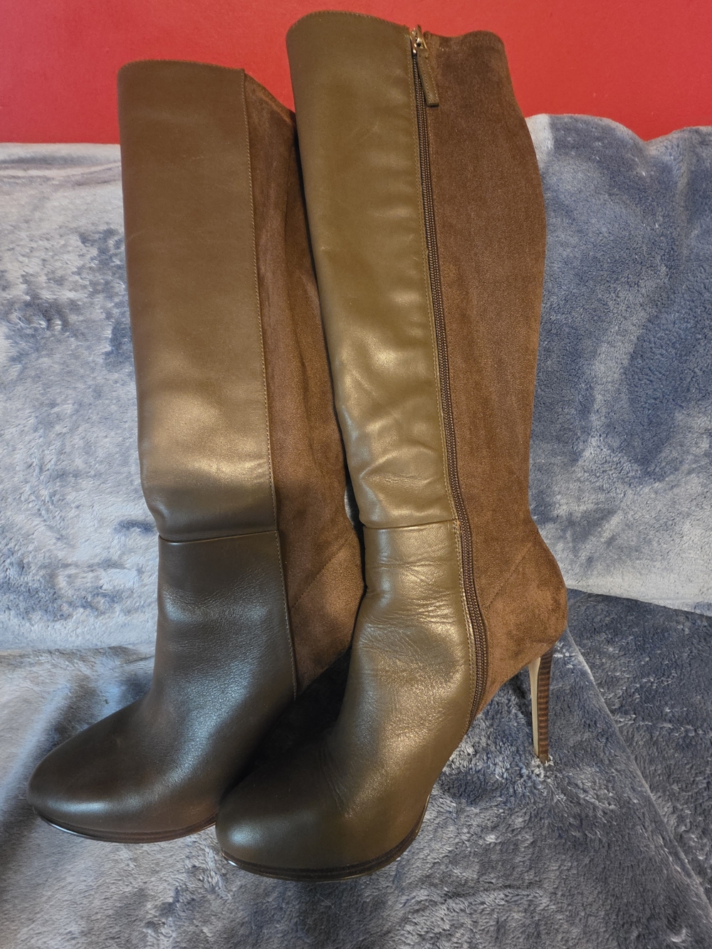 Nine West Wide Calf Brown Two-Tone Knee-High Heeled Boots